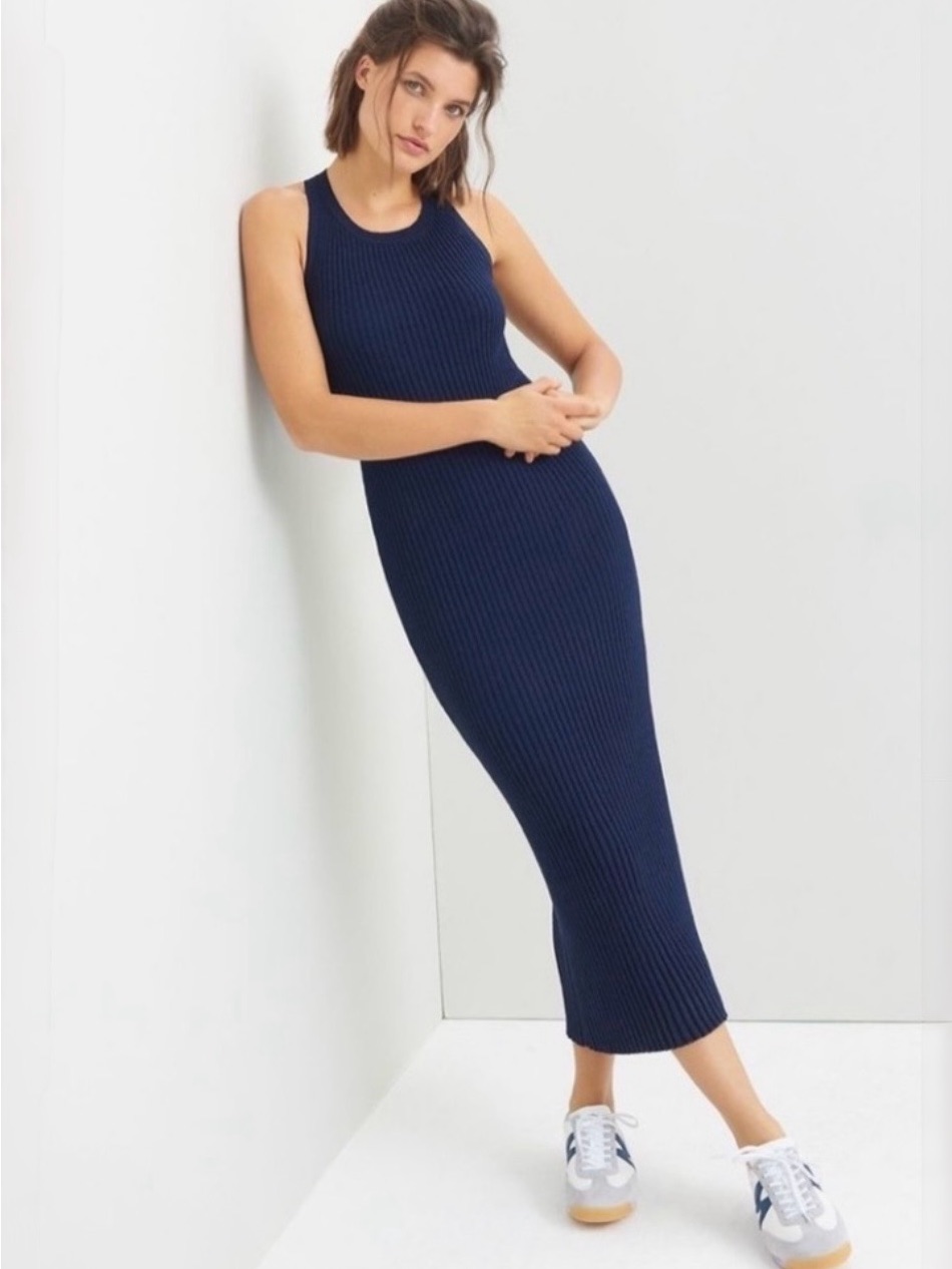 Anthropologie Saturday Sunday Navy Ribbed Cross Back Midi Dress Nwt M